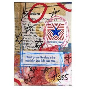 ACEO Original Art Acrylic Collage 2024 USA Radiant Star Postage Stamp ATC